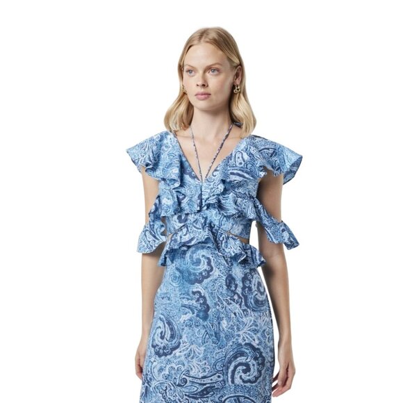 NWT ELLIATT Snow Printed Linen Maxi Gown In Blue - Picture 7 of 7